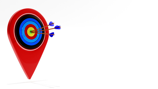 3d rendering of Red location pin and archery target with an arrow on white background, goal navigation concept