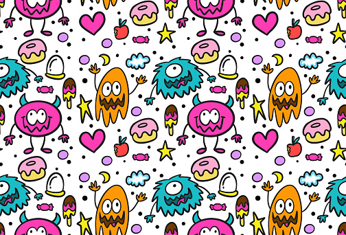 Funny colorful monsters and various objects cartoon seamless pattern