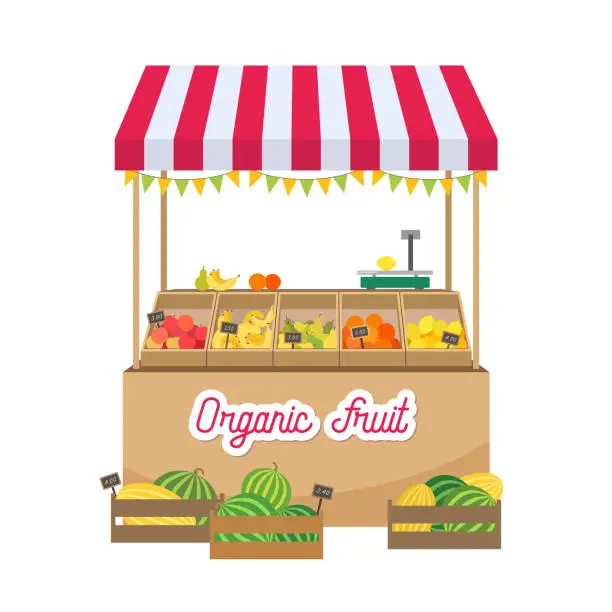 Vector illustration of Local fruit stand outdoor kiosk.