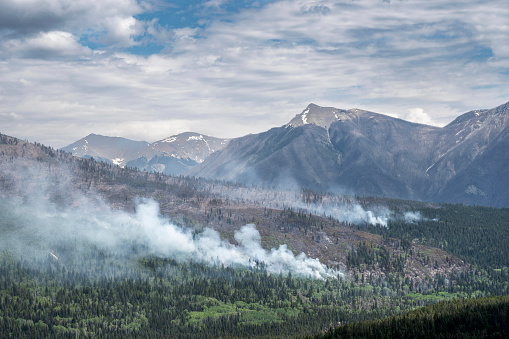 Panoramic view of a forest fire in Kootenay National Park, British Columbia, Canada