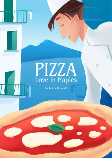 Vector illustration of pizza with sea view in Naples served by the chef menu