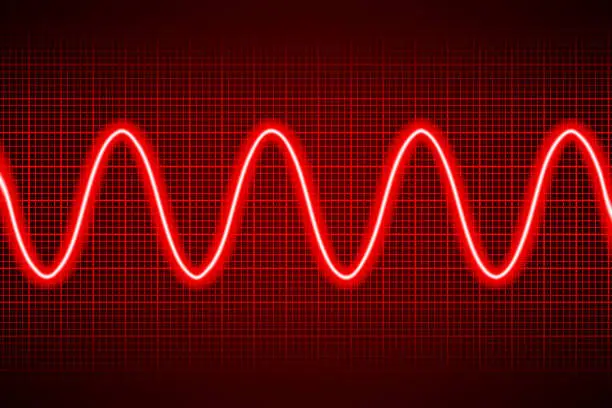 Vector illustration of Abstract neon red cosine curve pattern on dark oscilloscope digital screen