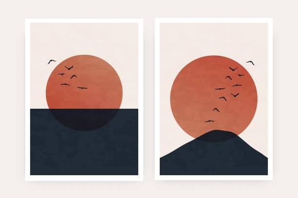 istock Abstract mountain landscape poster. Contemporary nature sun moon birds art print, boho minimalist wall decor. Vector set 1493519920