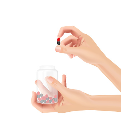 hand holding pills medical product realistic on white background, Health care concept - vector illustration.