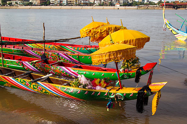 Decorated racing boats. Phnom Penh, Cambodia. stock photo