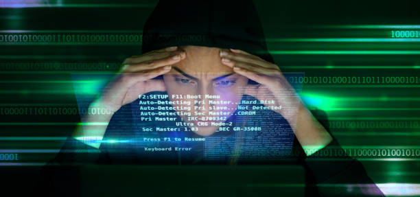 istock Hacker, code and stress with cyber crime, fear of getting caught and double exposure in IT, cybersecurity fail and software. Coding, programmer and glitch, person with headache and screen overlay 1493524558