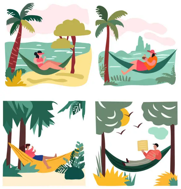 Vector illustration of People unwinding by the seaside. People lounging in beachside hammocks, delighting in the warmth of the outdoor sun. A depiction of a holiday atmosphere.Vector Illustration.