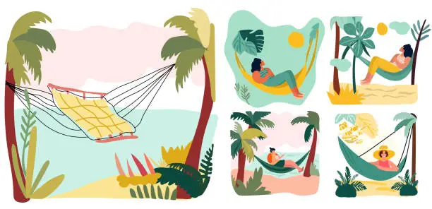 Vector illustration of Ladies unwinding by the seaside. Females lounging in beachside hammocks, delighting in the warmth of the outdoor sun. A depiction of a holiday atmosphere. Vector illustration