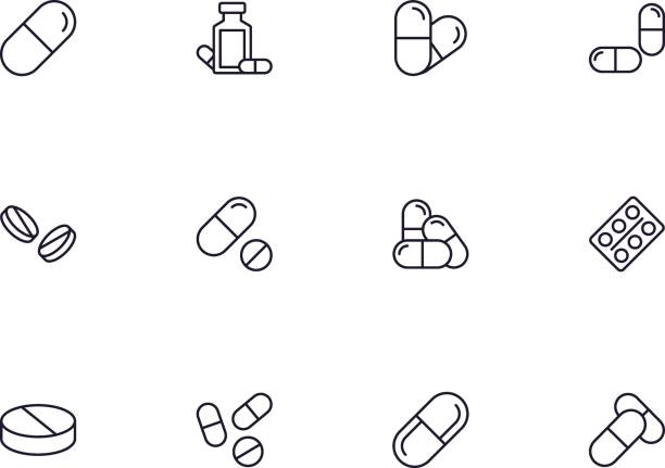 sbírka moderních pilulek obrysové ikony. sada moderních ilustrací pro mobilní aplikace, webové stránky, letáky, bannery atd. izolované na bílém pozadí. značky prémiové kvality. - antibiotikum stock ilustrace