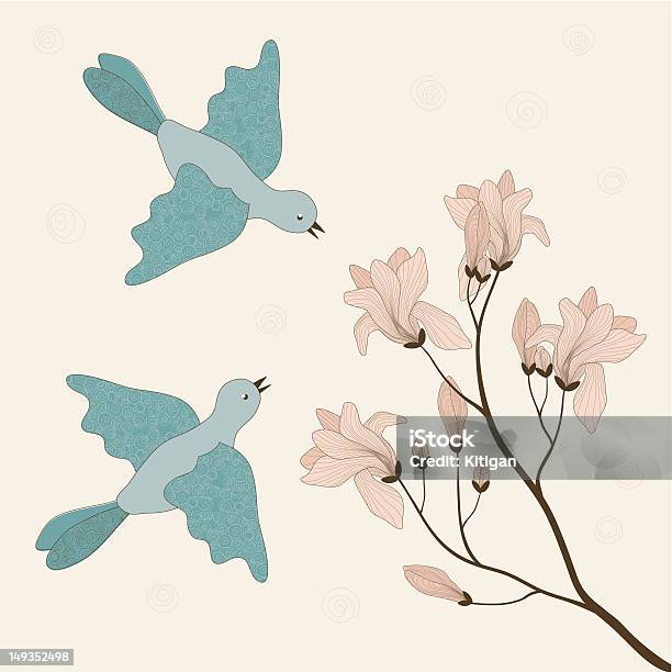 Two Birds And Blooming Branch Stock Illustration - Download Image Now - Abstract, Animal Body Part, Animal Wing