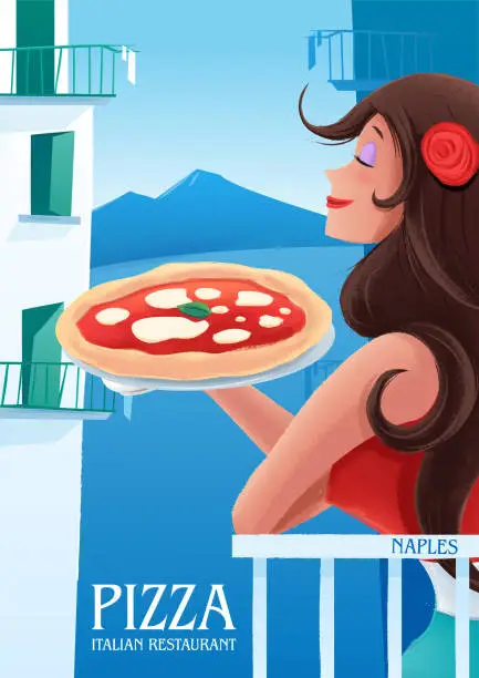 Vector illustration of vintage illustration woman chef with pizza in naples landscape with vesuvius