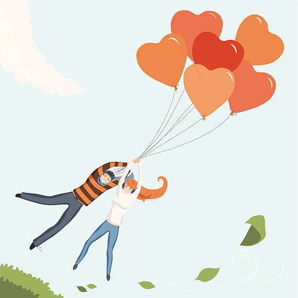 Couple Flying by Heart Balloon vector art illustration