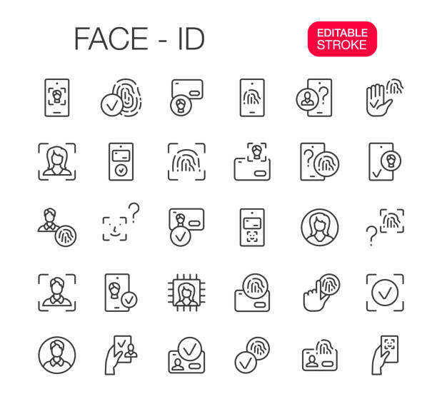 ilustraciones, imágenes clip art, dibujos animados e iconos de stock de face id, identificación biométrica, conjunto de iconos de línea de touch id, trazo editable - fingerprint identity id card biometrics