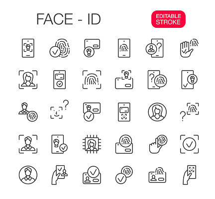 Face ID, Security Verification, Biometric Identification, Touch ID. Line icons set. Editable Stroke. Vector illustration.
