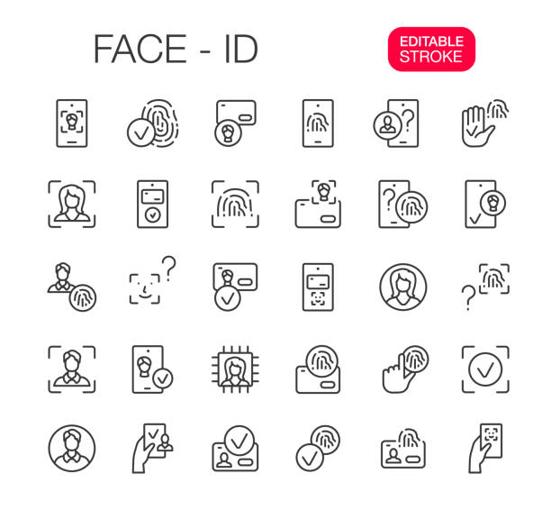 Face ID, Biometric Identification, Touch ID Line Icons Set, Editable Stroke Face ID, Security Verification, Biometric Identification, Touch ID. Line icons set. Editable Stroke. Vector illustration. facial recognition woman stock illustrations