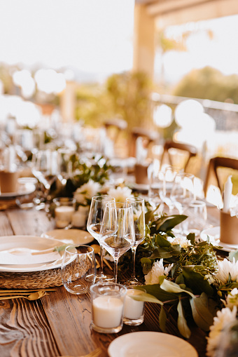 Fresh boho wedding banquet table outdoors in Majorca
