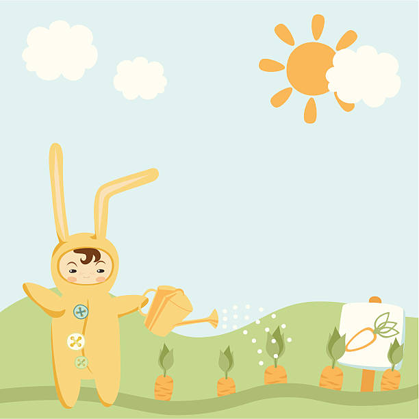 kleines kind in bunny-kost�üm - möhre grafiken stock-grafiken, -clipart, -cartoons und -symbole