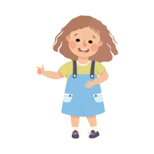 Vector illustration of Little Smiling Girl Standing and Pointing with Index Finger Vector Illustration