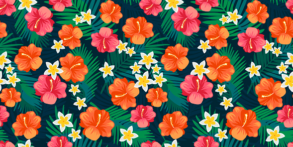 Tropical floral seamless pattern with bright hibiscus, white, yellow frangipani and dark color fern leaves background illustration. Hawaii style fabric print design