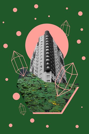 Architectural digital collage. Modern cityscape in the style of minimalism. Green and pink color.