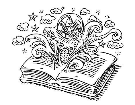 Hand-drawn vector drawing of a Fantasy Book Crystal Ball Concept. Black-and-White sketch on a transparent background (.eps-file). Included files are EPS (v10) and Hi-Res JPG.