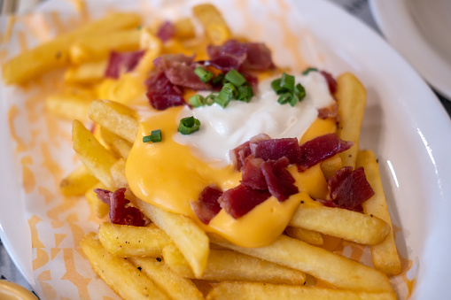 French fries on plate with cheese and crispy bacon