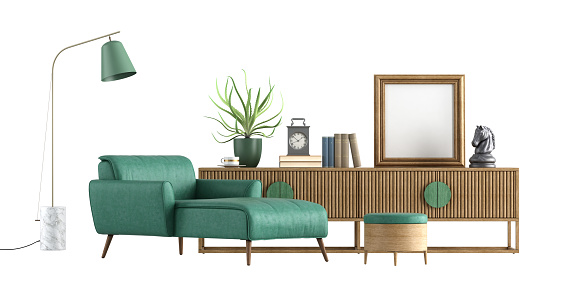 Green leather chaise lounge and vintage sideboard on white background - 3d rendering