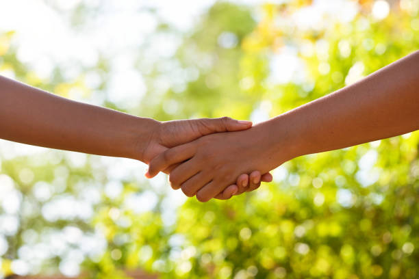 handshake of male and female hands on a white background. a man shakes hands with a young woman.