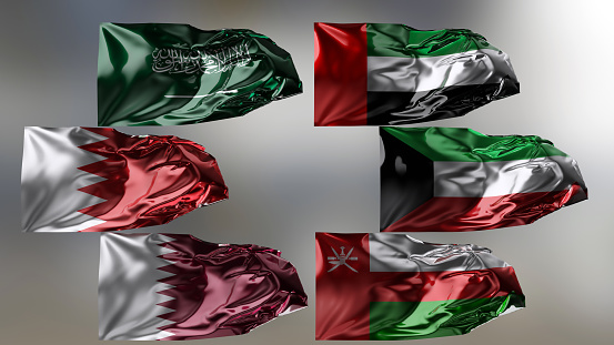 Banderas del Consejo de Cooperación del Golfo ondeando en el viento, banderas nacionales del CCG, textura de tela, primer plano, Emiratos Árabes Unidos, Qatar, Arabia Saudita, Kuwait, Bahrein, Omán, 3d render photo
