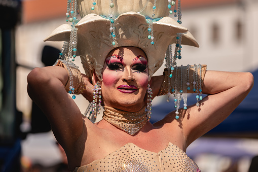 Dessau, Saxony-Anhalt, Germany, Europe - May 20, 2023: LGBTQ+ parade, CSD in Dessau. Christopher street day in Germany. Drag queen outdoors.