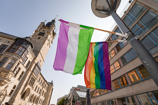 Dessau, Saxony-Anhalt, Germany, Europe - May 20, 2023: LGBTQ+ parade, CSD in Dessau. Christopher street day in Germany. Rainbow flag at the outdoors.