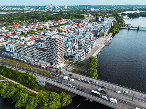 drone view on modern residential district in the Wasserstadt in Berlin at sunny day