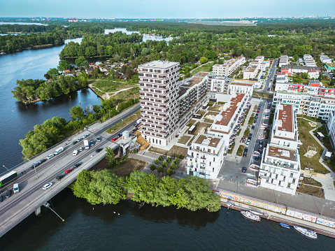 drone view on modern residential district in the Wasserstadt in Berlin at sunny day