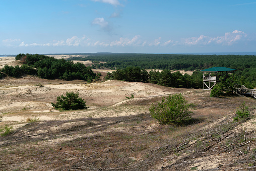 Observation deck at Efa height with an overview of the Staroderevenskaya Dune and the Baltic Sea on a sunny summer day, Curonian Spit, Kaliningrad region, Russia