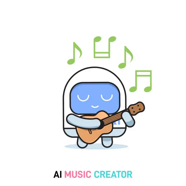 Vector illustration of AI robot is playing a guitar. Isolated Vector Illustration