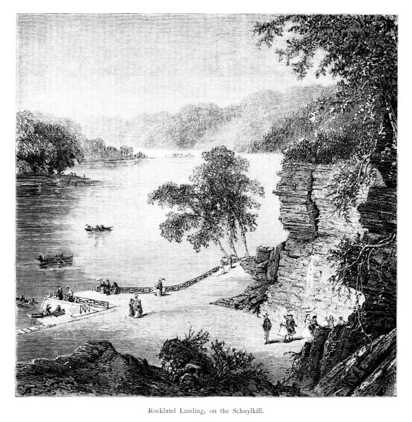 ilustrações, clipart, desenhos animados e ícones de schuylkill river rockland landing, filadélfia, pensilvânia, estados unidos da américa, geografia americana - number of people people in the background flowing water recreational boat