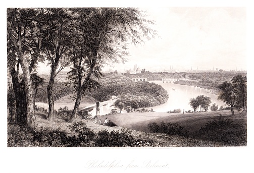 A view of Philadelphia from Belmont, Pennsylvania, USA. Steel and wood engraving published 1872. Sepia-toned. This edition edited by William Cullen Bryant is in my private collection. Copyright is in public domain.