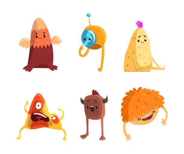 Vector illustration of Cute Cartoon Monsters with Smiling Faces and Funky Shapes Vector Set