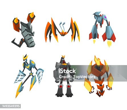 istock Monster Metal Robot Transformer with Strong Limbs as Fantastic Warrior Vector Set 1493549395