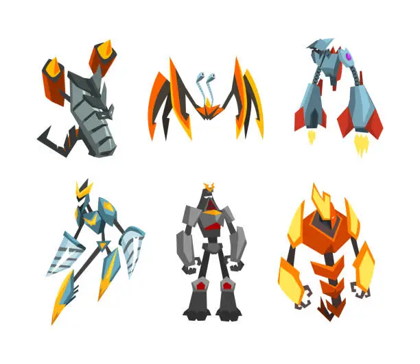 Vector illustration of Monster Metal Robot Transformer with Strong Limbs as Fantastic Warrior Vector Set