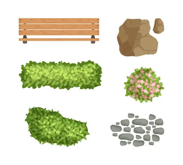 Vector illustration of Wooden Bench, Boulder, Green Bush and Pebbles as Landscape Elements Vector Set