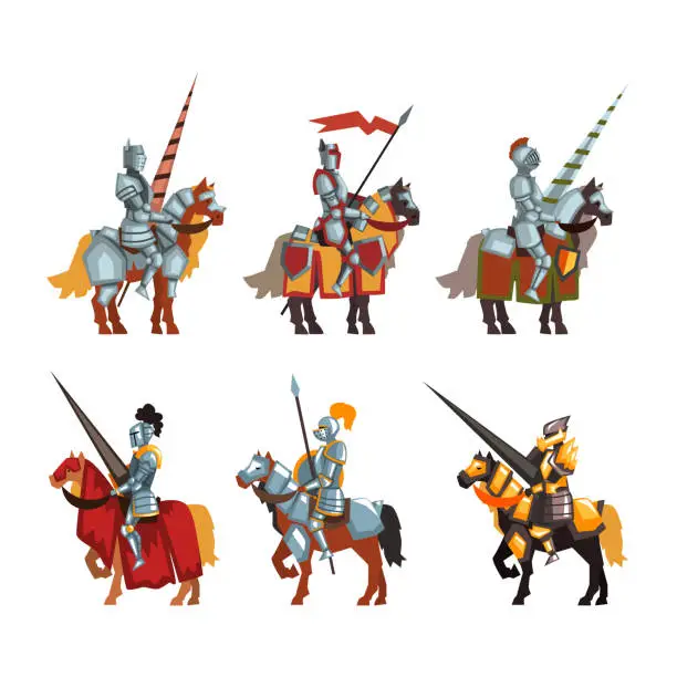 Vector illustration of Armored Medieval Knight or Cavalryman Sitting on Horseback Holding Lance Vector Set