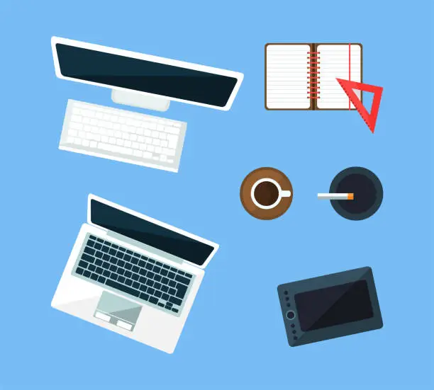 Vector illustration of Workspace Items with Computer, Laptop, Tablet, Notepad, Coffee Cup and Ash Tray Top View Vector Set
