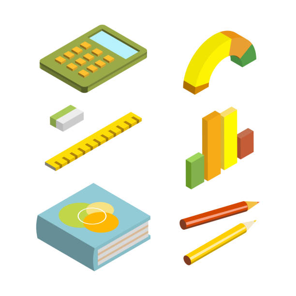Study Supplies and Equipment for Education with Calculator, Chart, Book and Pencil Isometric Vector Set Study Supplies and Equipment for Education with Calculator, Chart, Book and Pencil Isometric Vector Set. Science Tool for Learning book dedication stock illustrations