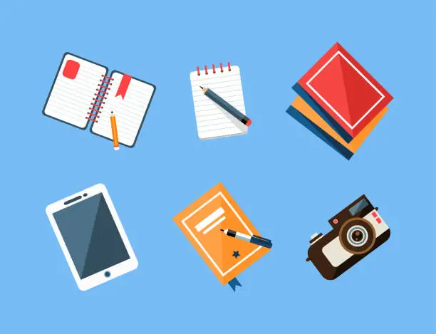 Vector illustration of Workspace Items with Camera, Tablet, Notepad and Pen Top View Vector Set