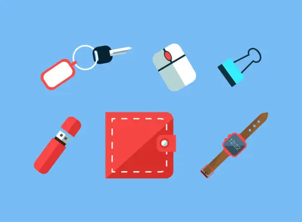 Vector illustration of Workspace Items with Car Key, USB Flash Drive, Paperclip, Purse and Watch Top View Vector Set