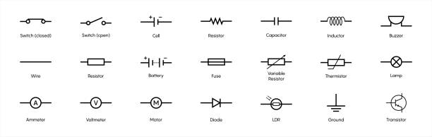 illustrations, cliparts, dessins animés et icônes de ensemble de symboles de circuits électroniques. schémas de circuit. vecteur 10 eps. - thermistor