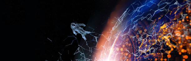 Communication technology for internet business. halographic astronaut floating in space the planet earth background. this image is generated with 3D software and Based on imagery from NASA. https://www.nasa.gov/specials/blackmarble/2