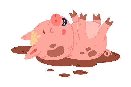 Funny Pink Piggy Character with Hoof Rolling on Its Back in Mud Vector Illustration. Cute Farm Animal with Pretty Snout