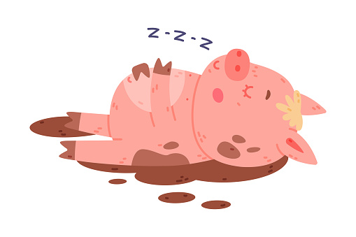 Funny Pink Piggy Character with Hoof Lying in Mud and Sleeping Vector Illustration. Cute Farm Animal with Pretty Snout